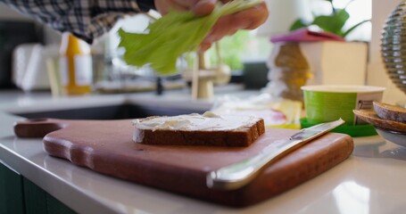 A man prepares sandwich at home, he puts a lettuce leaf on bread. Close-up of his hands, an unrecognizable person