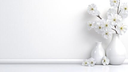 White flowers in vases against a white wall