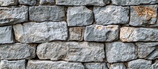 Fototapeta premium Rustic stone wall texture with irregularly shaped grey stones in a horizontal pattern