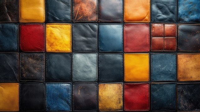 Colorful patchwork quilted leather texture background with various colored squares and detailed stitching
