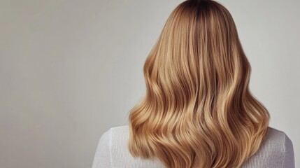 Fototapeta premium Blonde Wavy Hair Woman Rear View Against Neutral Background