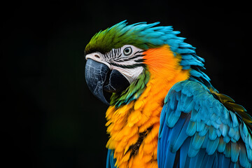 Obraz premium Parrot Close-up, Blue and gold Macaw portrait in Nature focusing on its detailed colorful feathers, exotic Ara in the wild Dark tropical background