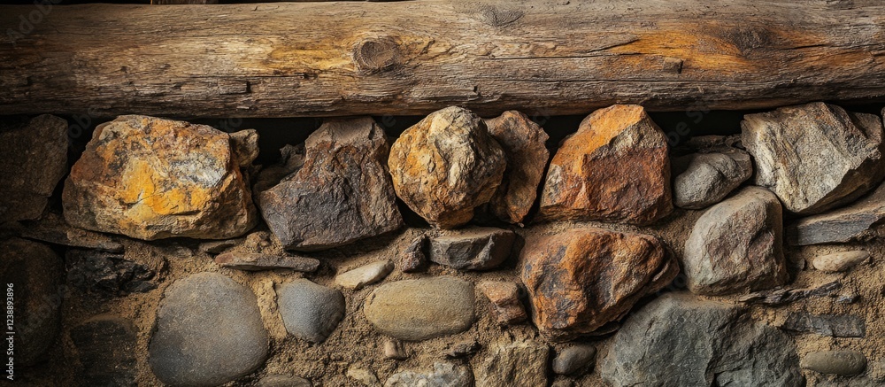 Poster rustic stone and log wall texture with weathered rock and timber elements.