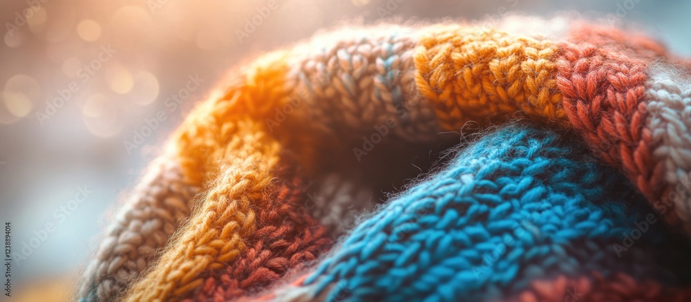 Poster knitted multicolor woolen fabric with bokeh background and soft lighting