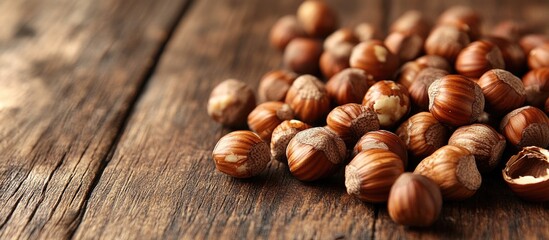 Obraz premium Hazelnuts Scattered on Rustic Wooden Table Surface with Copy Space