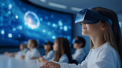 Engaged students in futuristic classroom using virtual reality technology