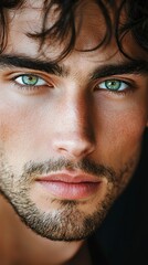 Fototapeta premium Intense close-up of a bearded male model highlighting striking green eyes and well-groomed facial hair for fashion branding.