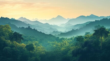 Misty Green Mountain Landscape at Sunrise