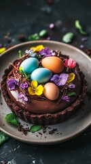 Obraz premium Chocolate tart with a nest of candy eggs on top, surrounded by edible flowers. pic