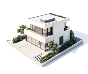 3D rendering of a modern house with a white background