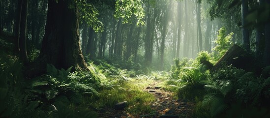 Obraz premium Sunlight Filtering Through Dense Green Forest with Pathway and Lush Vegetation