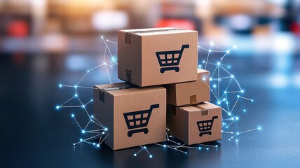 E-commerce solutions and Sustainability in business. Stacked cardboard boxes with shopping cart icons, surrounded by digital connections.
