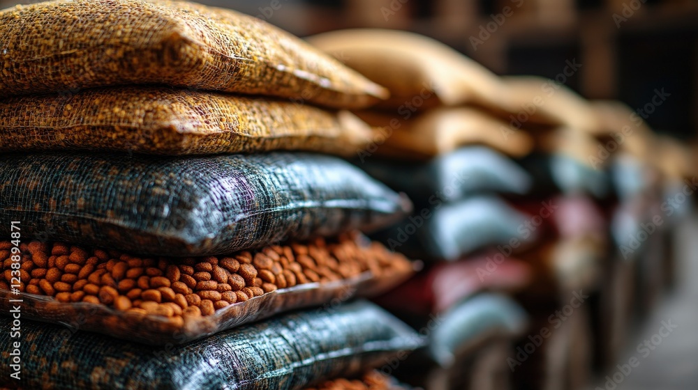 Poster colorful sacks of various grains and nuts stacked in a market setting with blurred background activi