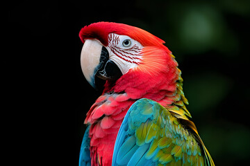 Naklejka premium Parrot Close-up, Red Macaw portrait focusing on its detailed colorful feathers, Dark tropical background