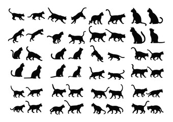 Obraz premium Cats in Various Poses and Styles as Black Silhouettes on a White Background