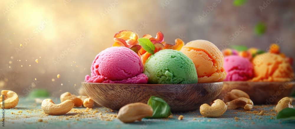 Poster assorted fruit ice cream scoops in wooden bowls with cashews and berries on a rustic surface with co