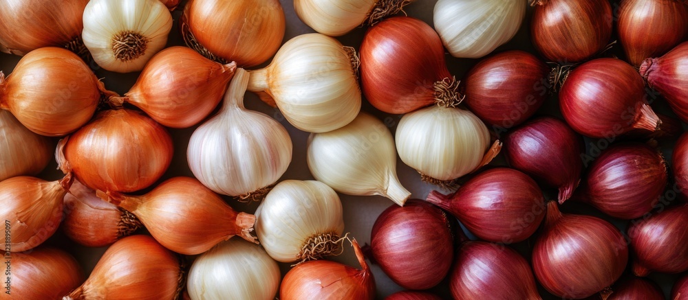 Poster assorted varieties of onions arranged in horizontal rows