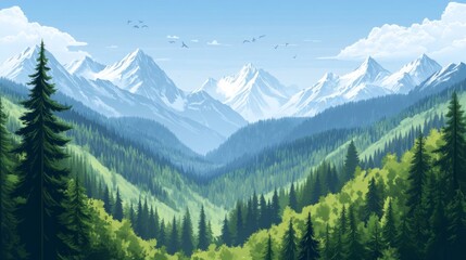 Fototapeta premium Majestic Snowcapped Mountain Range and Lush Green Valley