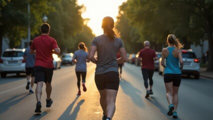 Fototapeta premium A vibrant group of diverse individuals running energetically down a bustling city street at sunset