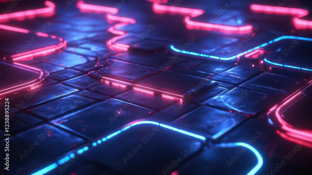 Aufkleber glowing digital network grid expanding through dark space, neon blue data streams flowing through cr