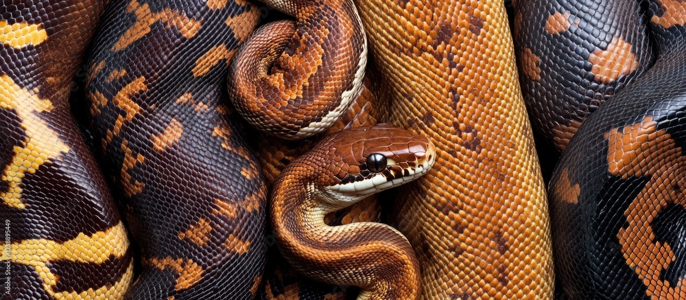 Poster close-up of three intertwined snakes displaying diverse scale patterns and colors.