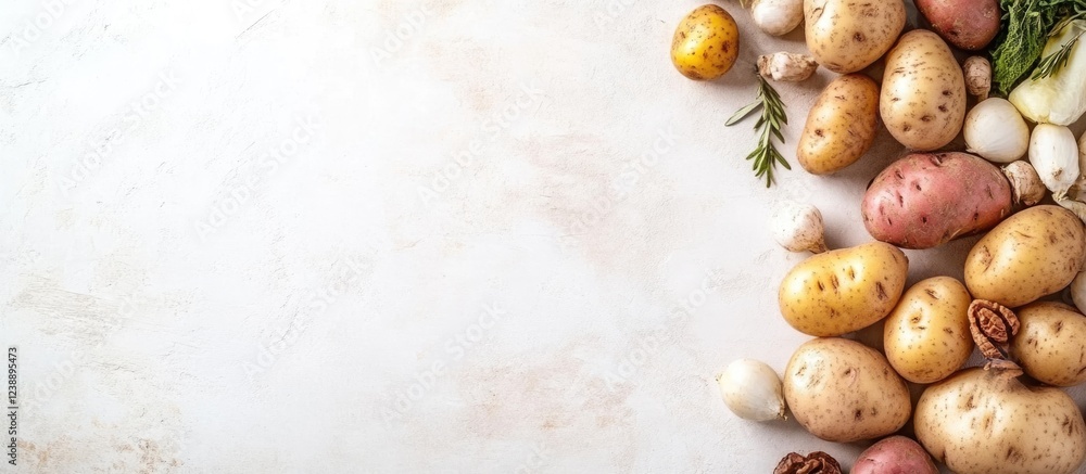 Aufkleber assorted fresh potatoes and spices on light background with copy space