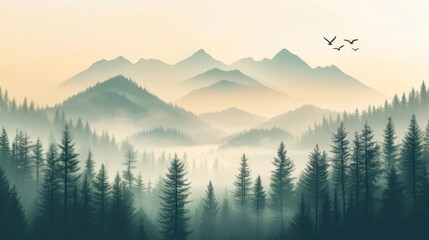 Obraz premium Misty Mountain Forest Sunrise