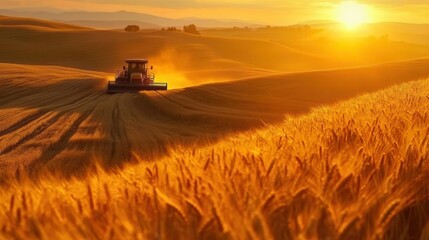 Fototapeta premium golden wheat field at harvest time, massive combine harvester moving through undulating terrain, warm sunset lighting, dramatic aerial perspective, pastoral countryside scene