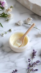 Cleansing face balm with a wooden spatula and a soothing background. pic