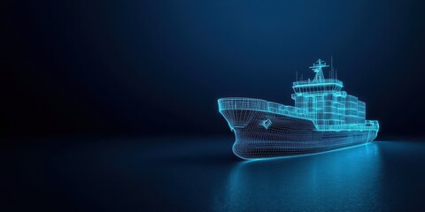 E-commerce solutions and Sustainability in business. Digital representation of a ship in blue tones against a dark background.
