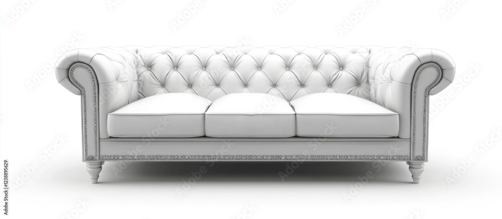 Poster White tufted sofa with rolled arms on transparent background front view