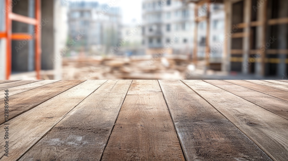 Poster empty wooden table with blurred construction site background and copy space for text.