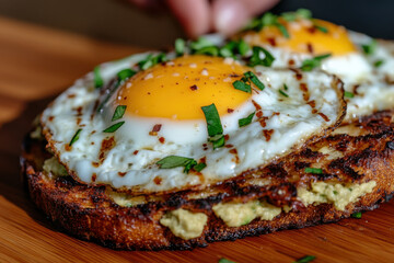 A plate of eggs and toast with a sprinkle of parsley on top