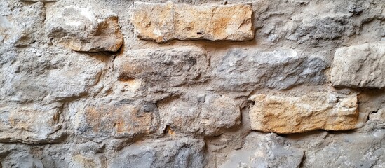 Fototapeta premium Rough textured stone wall background with varying shades of beige and gray
