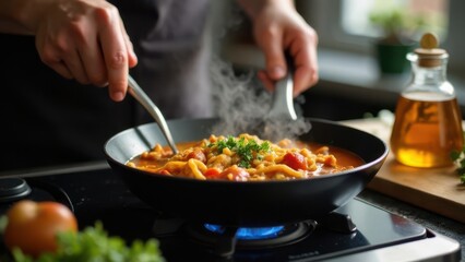 Chef in Black Apron Cooking a Dish with a Frying Pan on the Stove in the Kitchen