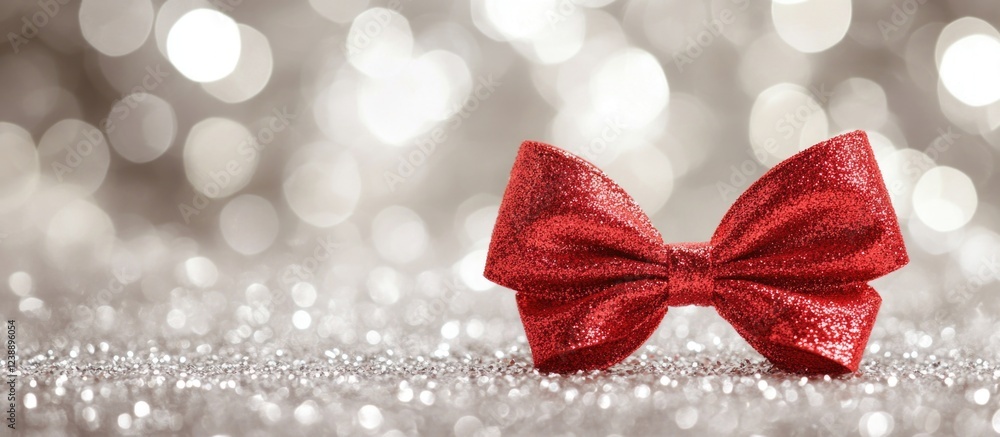Poster red ribbon bow on sparkling silver bokeh background with copy space