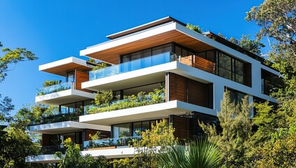 A modern luxury apartment building in Sydney, Australia, with a contemporary design featuring flat roofs