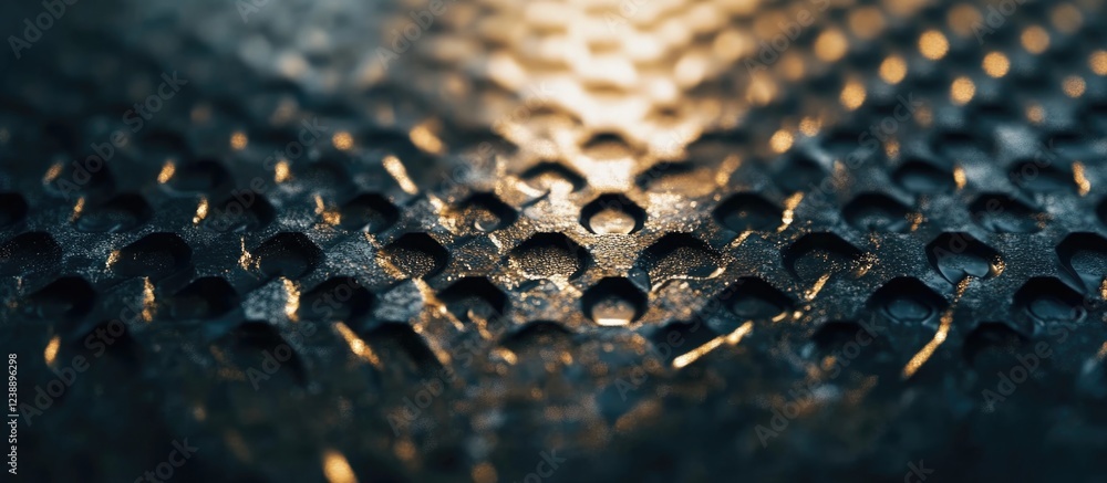 Poster close-up of textured metal surface with repeating geometric patterns and lighting reflections