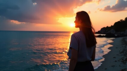 Young Woman in a Flowing White Dress Enjoying a Serene Sunset at the Beach