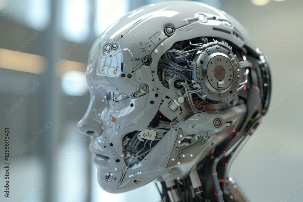 Poster futuristic android head with exposed mechanics and wiring representing the advancement of artificial