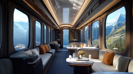 Fototapeta premium Luxurious Train Car Interior Scenic Mountain Views