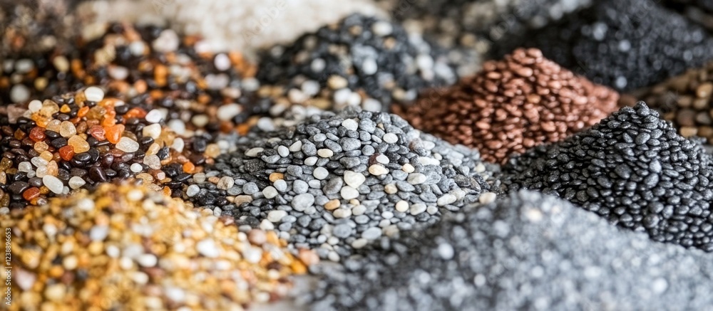 Poster assorted seeds and grains displayed in rows with selective focus
