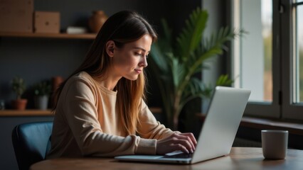 Thoughtful young woman engaged in online research while sitting at her cozy home office desk.