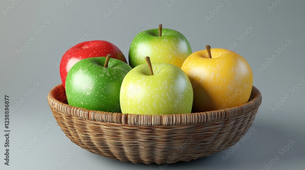 Poster wicker basket with assorted apples on gray background with copy space