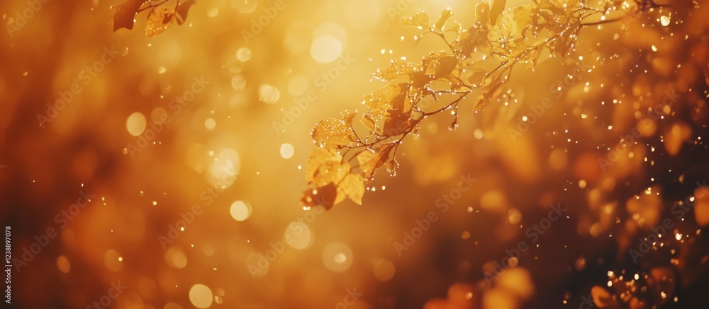 Poster golden autumn leaves with bokeh light background and copy space