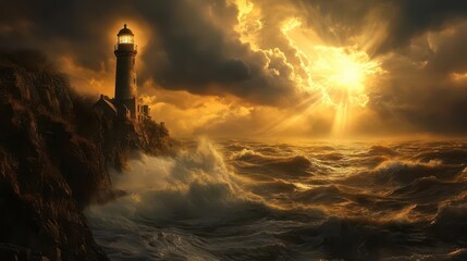Fototapeta premium historic stone lighthouse perched on dramatic cliffs, stormy seas crashing below, moody sunset sky, dramatic clouds, rays of light piercing through storm