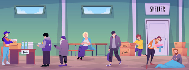 Volunteers help refugees, serving food, distribute clothes in shelter for homeless people, vector humanitarian support