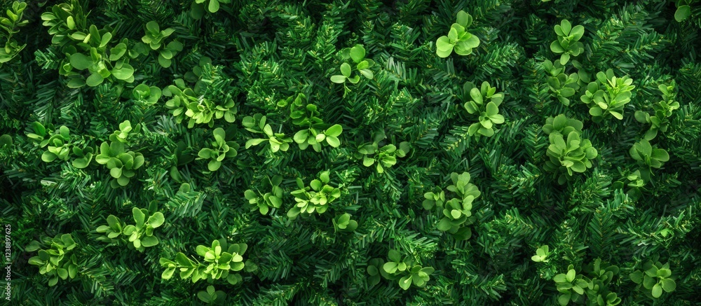 Poster dense green foliage background with various leaf patterns and textures