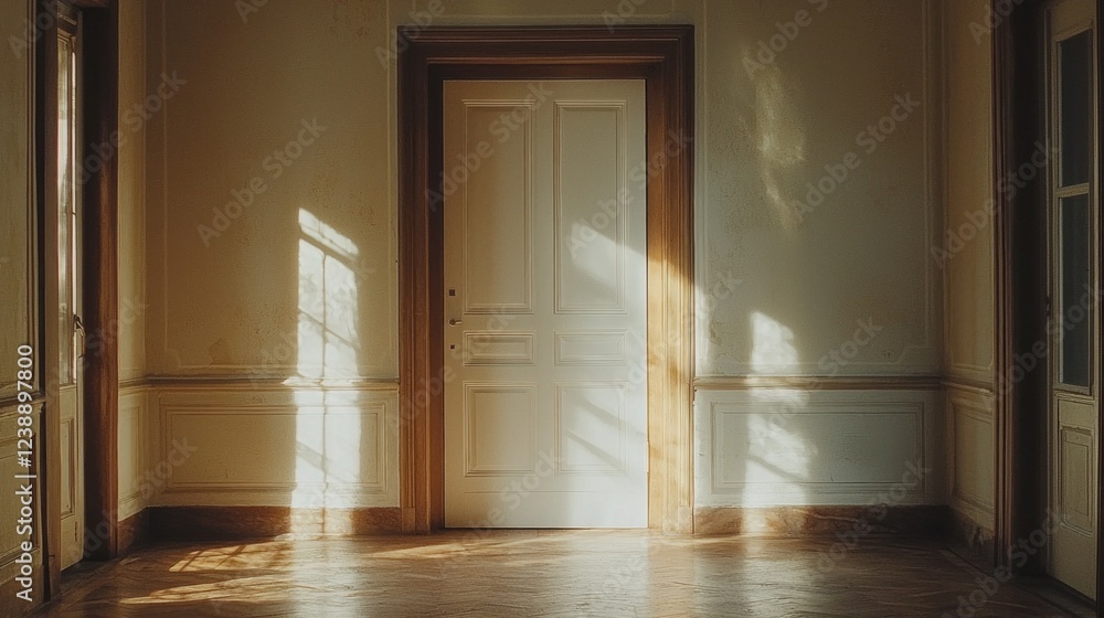 Poster soft sunlight streams through tall windows, casting intricate shadows on polished wooden floors. the