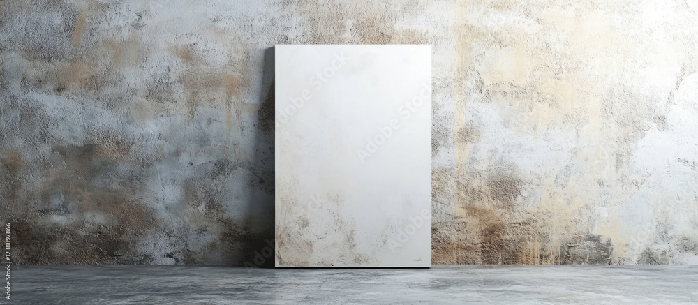 Poster blank canvas against textured concrete wall in empty room with copy space